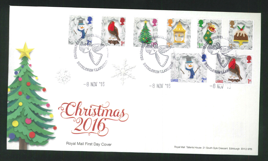 2016 - Christmas Set First Day Cover, Pictorial, Bethlehem, Llandeilo Postmark